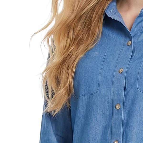 Petite NY Collection Roll Tab Sleeve Denim Plaid Button Down