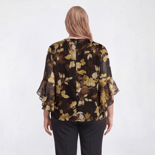 Plus Size Kasper 3/4 Ruffle Sleeve Lurex Leaf Print Blouse