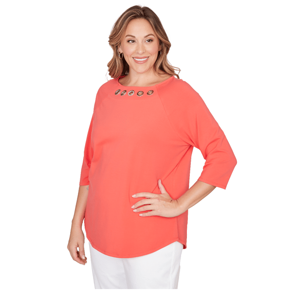 Plus Size Ruby Rd. Set Sail 3/4 Sleeve Grommet Neck Blouse
