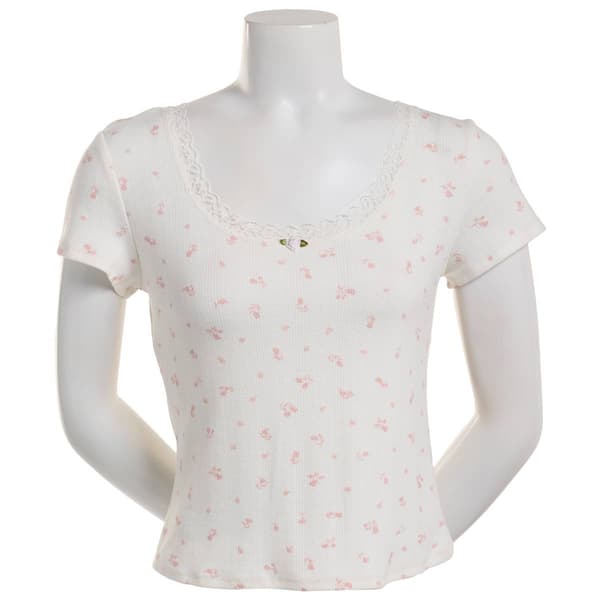 Juniors Pink Rose Short Sleeve Pointelle Ditsy Lace Trim Tee