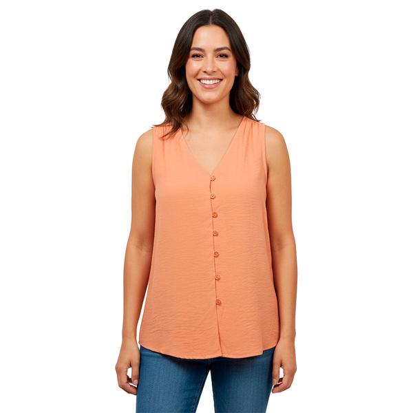 Womens Notations Sleeveless Solid V-Neck Button Front Blouse - image 