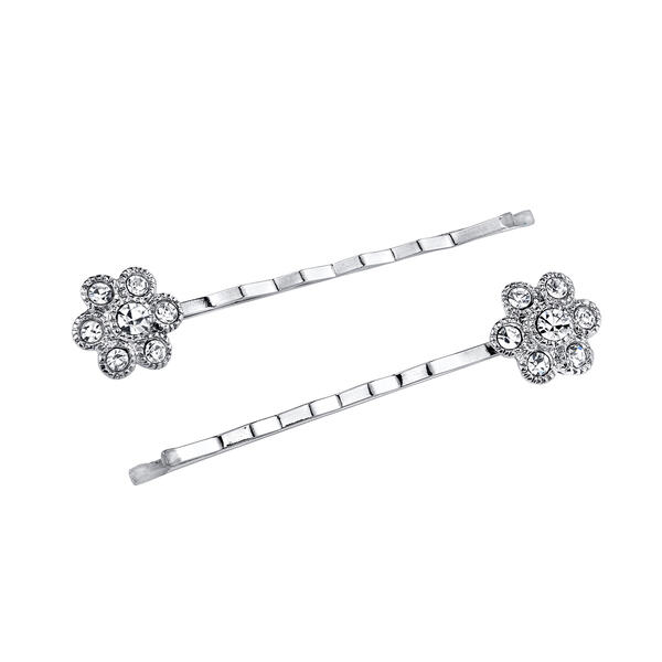 Womens 1928 Silver Tone Clear Crystal Flower Bobby Pin Set - image 