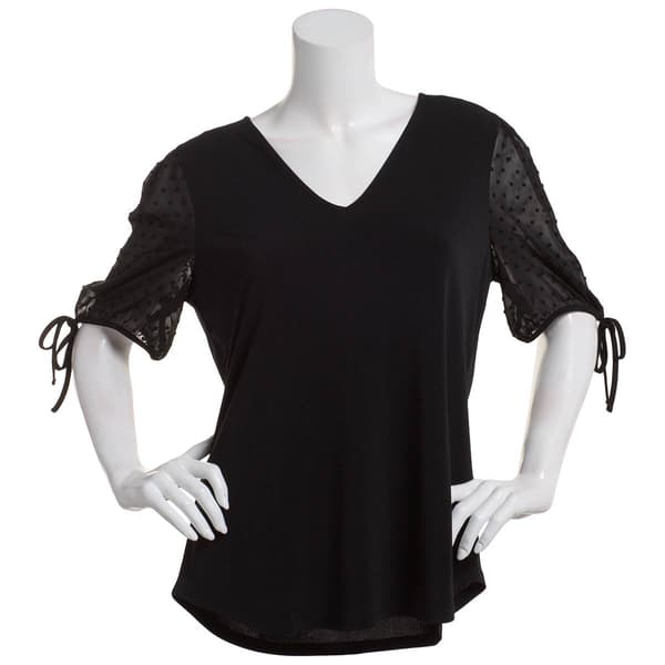 Womens Adrianna Papell Short Clip Dot Sleeve w/ Tie Neck Blouse