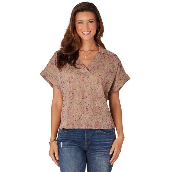 Womens Democracy Short Cuffed Sleeve Johnny Collar Embroidery Top - image 
