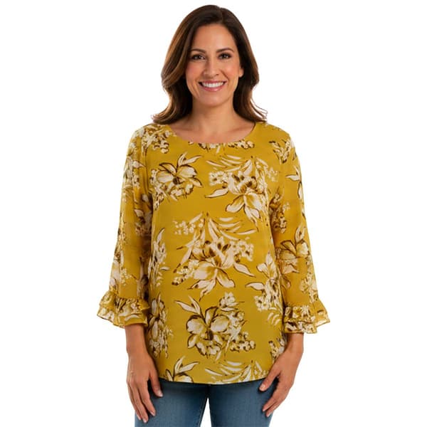Womens Kasper 3/4 Ruffle Bell Sleeve Placed Floral Blouse
