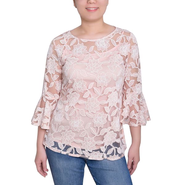 Womens NY Collection 3/4 Flare Sleeve Paisley Mesh Burnout Blouse