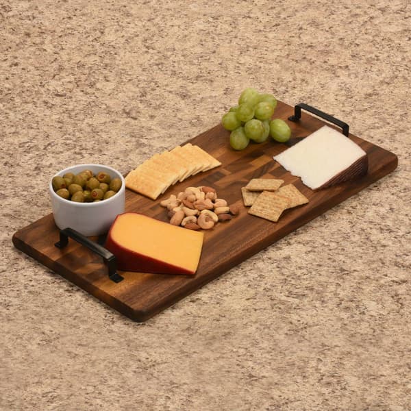 Kalmar Home Large Rectangular Acacia Wood Tray with Metal Handles