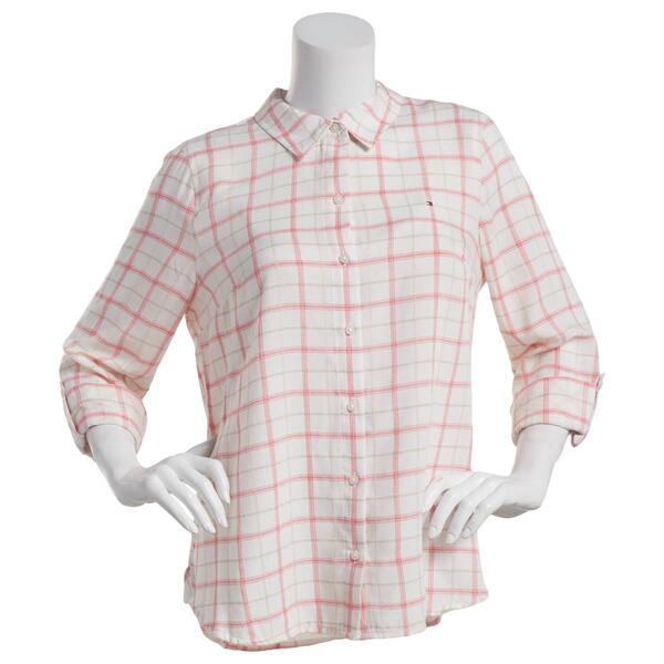 Womens Tommy Hilfiger Sport Button Down Roll Tab Paseo Plaid Top - image 
