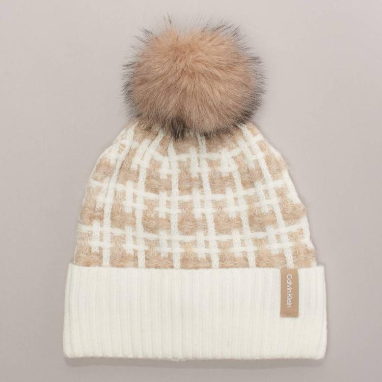 Womens Calvin Klein Grid Knit Pom Beanie