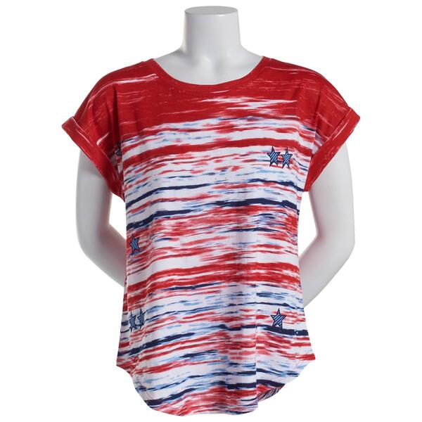 Womens New Direction Short Sleeve Red White Blue w/Stars Top - image 