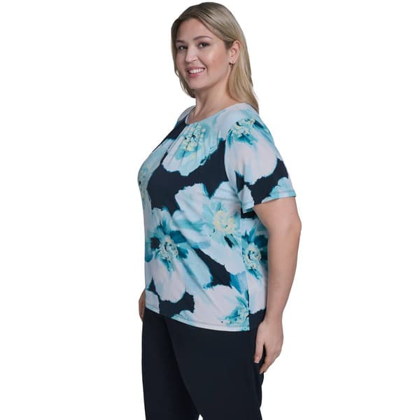 Plus Size Calvin Klein Short Sleeve Pleated Neck Floral Blouse