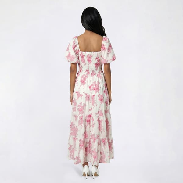 Juniors Crystal Doll Puff Sleeve Smocked Bodice Midi Dress