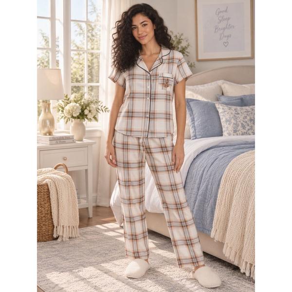 Womens Laura Ashley(R) Short Sleeve Bear Pocket Plaid Pajama Set