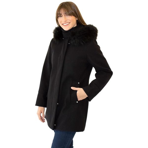 Womens Nine West Faux Wool Coat with Faux Fur Hood