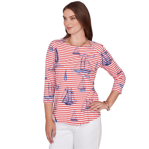 Petite Ruby Rd. Must Haves II 3/4 Sleeve Stripe Sailboat Tee