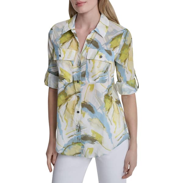 Womens DKNY Roll Tab Sleeve Graphic Blouse - image 