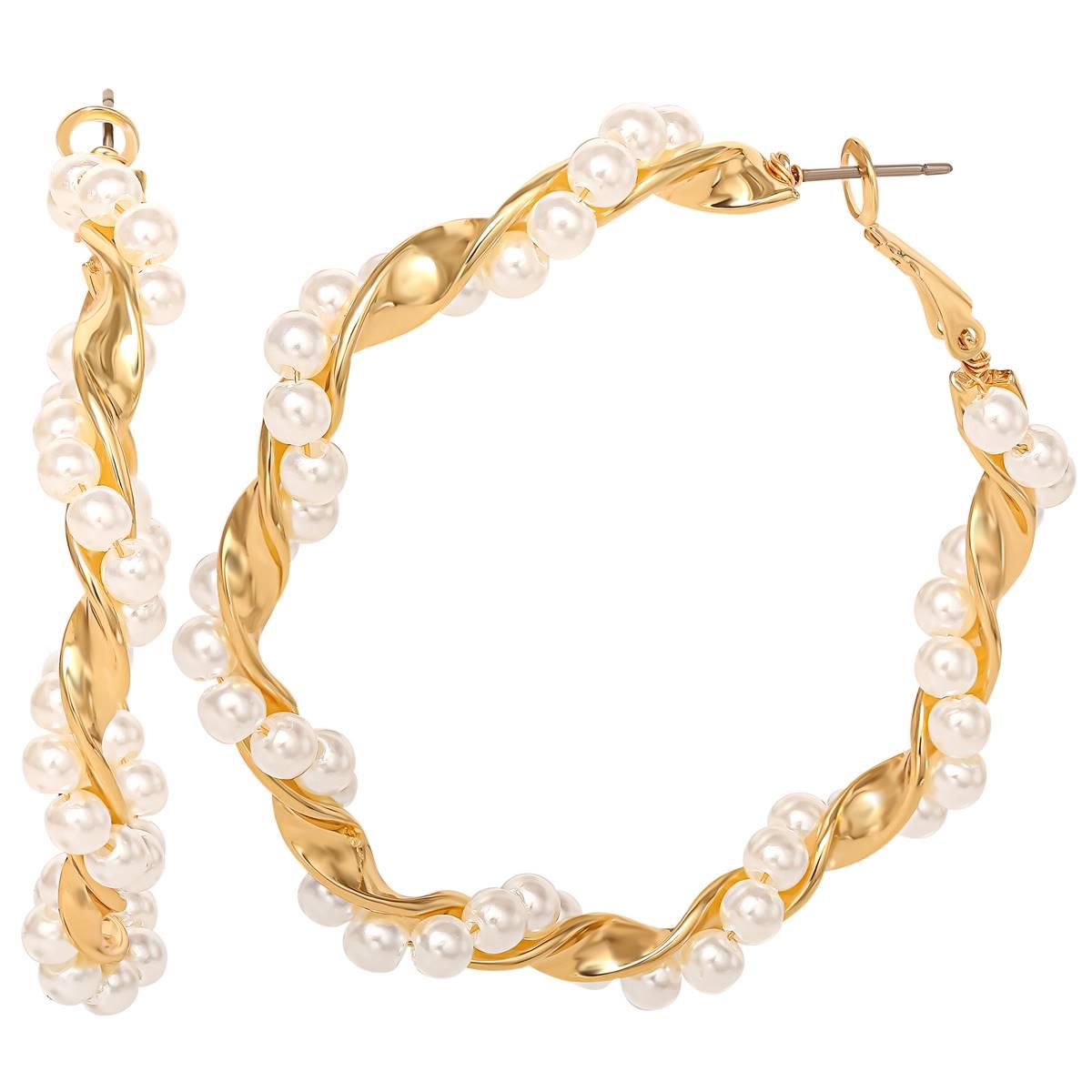 Jessica Simpson Imitation Pearl Twisted Hoop Earrings