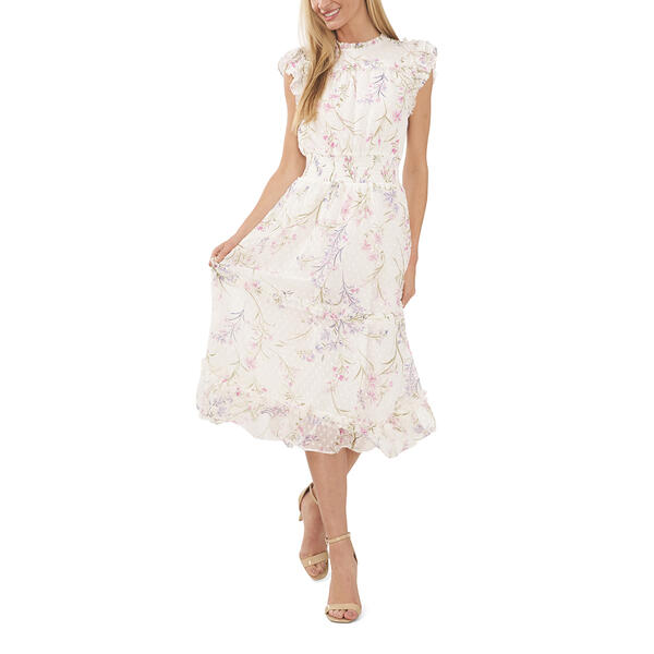 Womens Cece Flutter Sleeve Floral Chiffon Smock Waist Midi Dress - image 