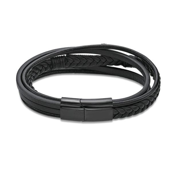 Mens Lynx Black Ion Plated & Black Leather Bracelet