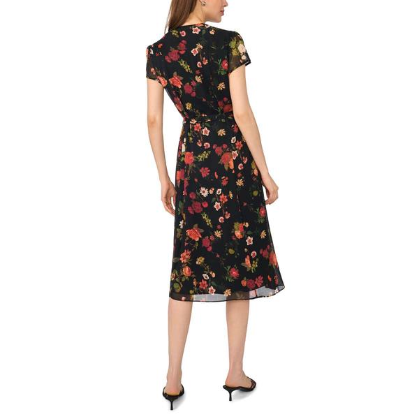 Womens MSK Short Sleeve Floral Split Neck Pintuck Midi Dress