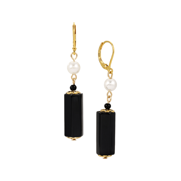 1928 14kt. Gold-Tone Faux Pearl Black Semi-Precious Drop Earrings - image 