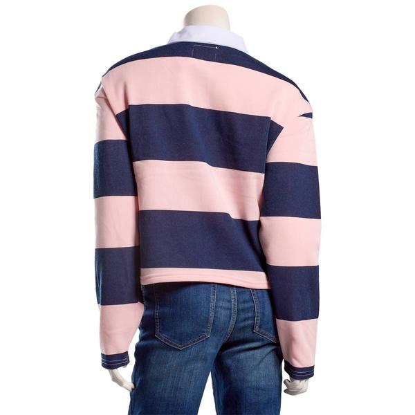 Juniors No Comment Rugby Stripe Fleece Collar Pullover- Pink