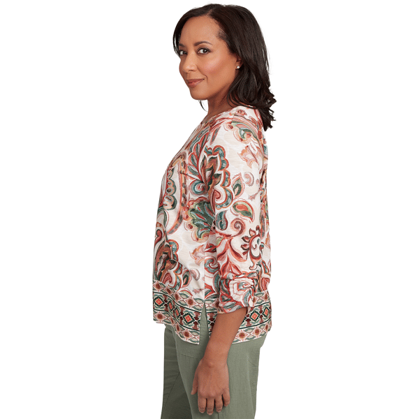 Petite Alfred Dunner Copper Canyon Ruched Sleeve Scroll Blouse