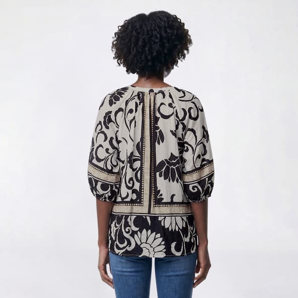 Womens Como Black Elbow Sleeve Vine Woven Henley Blouse
