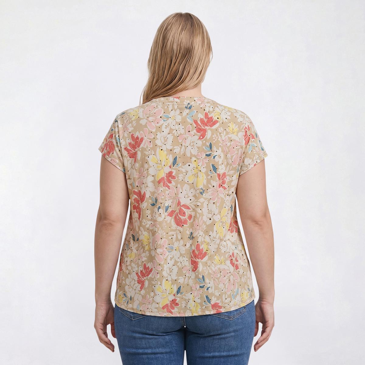Plus Size Emily Daniels Short Sleeve Henley Disco Floral Blouse