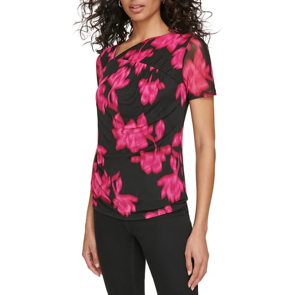 Womens Calvin Klein Short Sleeve Ruched Front Floral Blouse