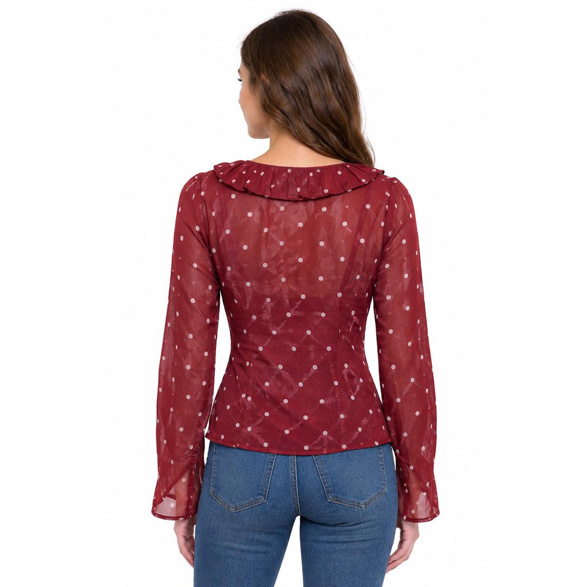Juniors No Comment Chiffon Dot Princess Seam Ruffle Blouse