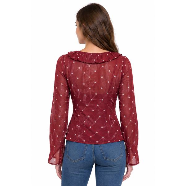 Juniors No Comment Chiffon Dot Princess Seam Ruffle Blouse