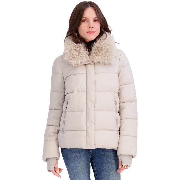 Womens Tahari Vera Short Puffer Coat with Faux Fur Collar - image 