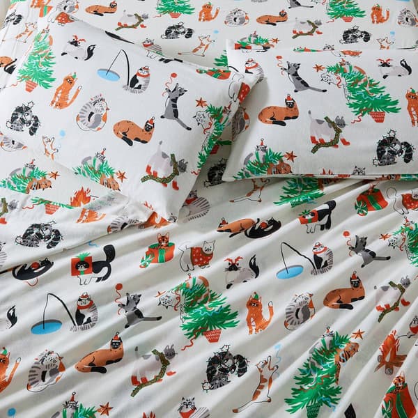 Freshfolds Cotton Cat Festivities Holiday 4pc. Flannel Sheet Set