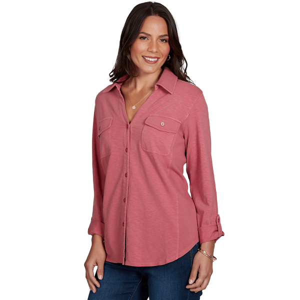 Plus Size Ruby Rd. Game Of Luxe Rib Trim Button Front Knit Top