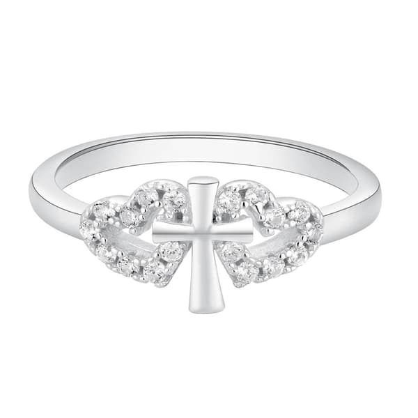 Sterling Silver Double CZ Heart & Cross Ring - image 