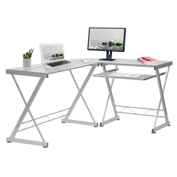 Techni Mobili 62in L-Shaped Glass Computer Desk w/ Keyboard Panel