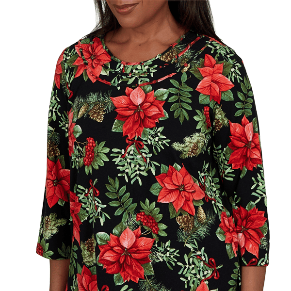 Womens Alfred Dunner Classics 3/4 Sleeve Poinsettia Blouse