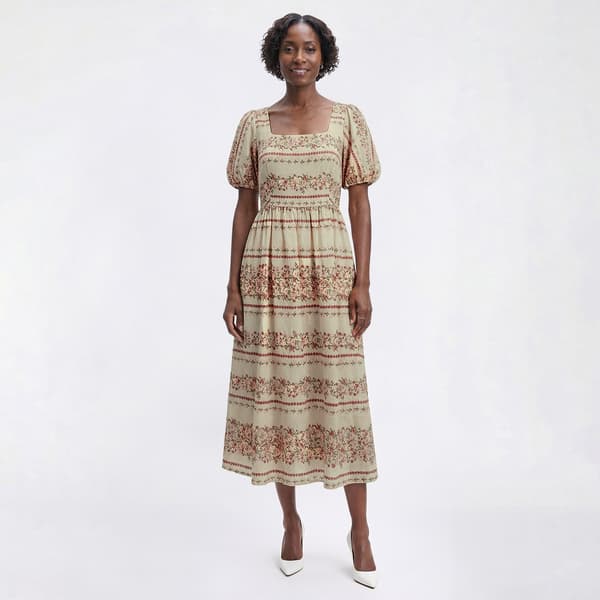 Womens Vivid Aura Puff Sleeve Square Neck Floral Midi Dress