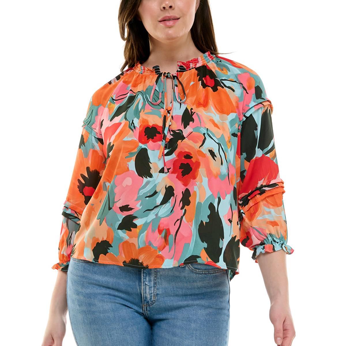 Womens Zac & Rachel 3/4 Sleeve Brushed Floral Tie Neck Blouse