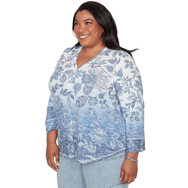Plus Size Alfred Dunner Out Of The Blue Floral Ombre Henley Tee