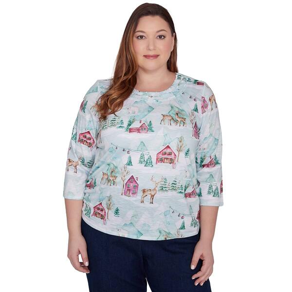 Plus Size Alfred Dunner Classics Ski Village w/ Deer Holiday Tee - image 