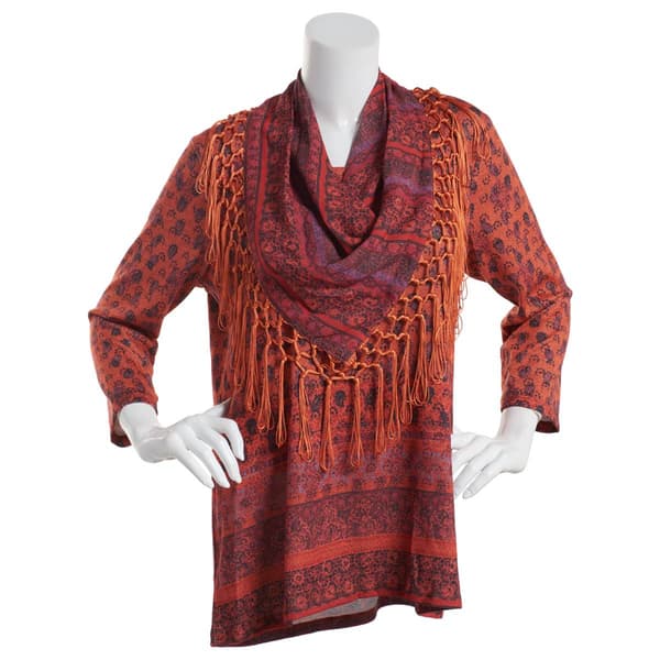 Womens OneWorld Border Pattern Scarf 3/4 Sleeve Hacci Top