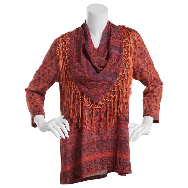 Womens OneWorld Border Pattern Scarf 3/4 Sleeve Hacci Top - image 