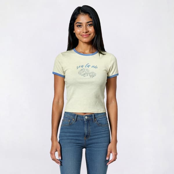 Juniors No Comment Contrast Rib Trim Sea La Vie Baby Tee - image 
