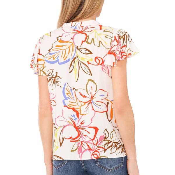 Womens Cece Flutter Sleeve Split Neck Floral Doodle Blouse