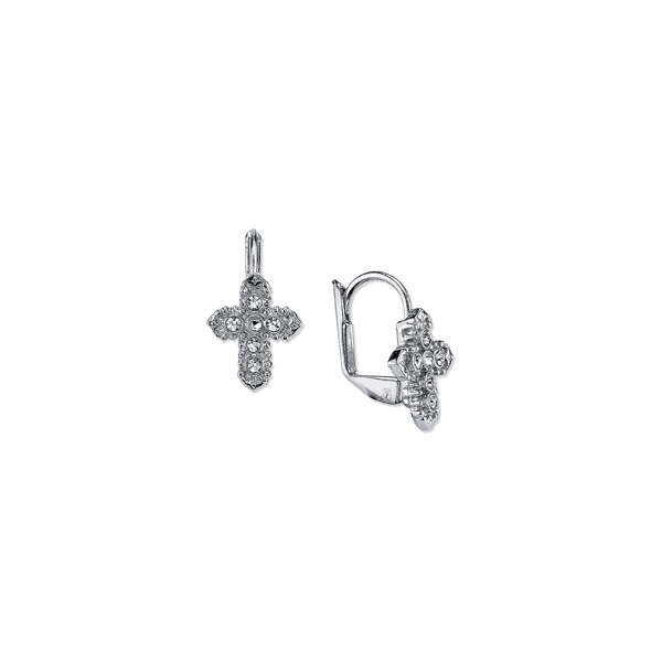 Symbols of Faith Silver-Tone Crystal Cross Leverback Earrings - image 