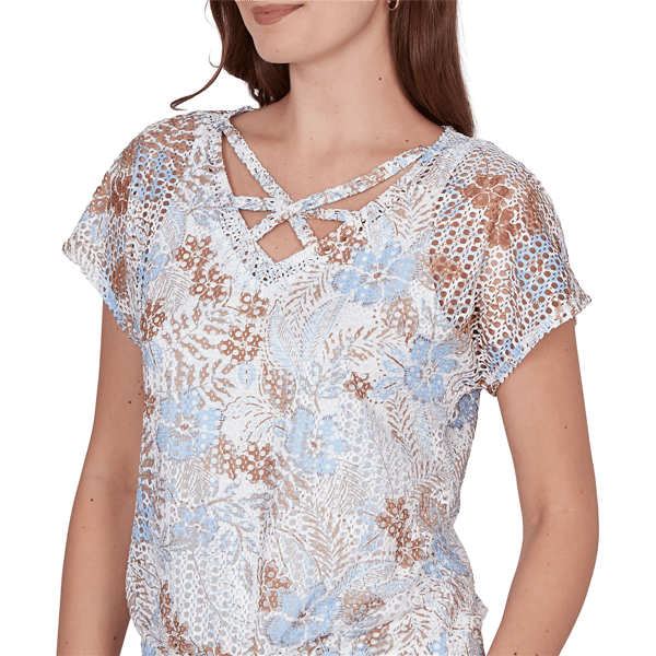 Womens Hearts of Palm Cool & Collected Textured Open Knit Blouse