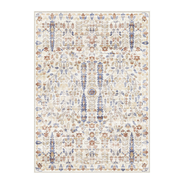HomeRoots Brown Blue & Beige Floral Medallion Washable Area Rug