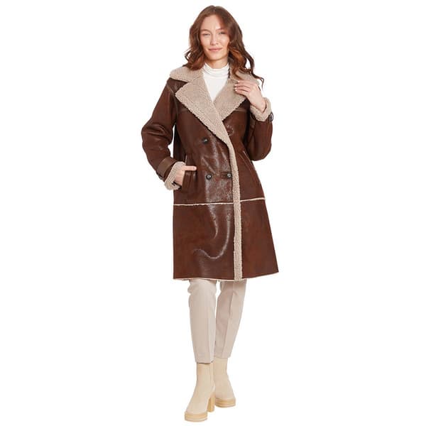 Womens Frye Double Breasted Faux Shearling Coat